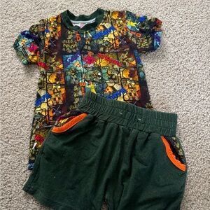 Colorful Graphic T-Shirt and Green Shorts Set